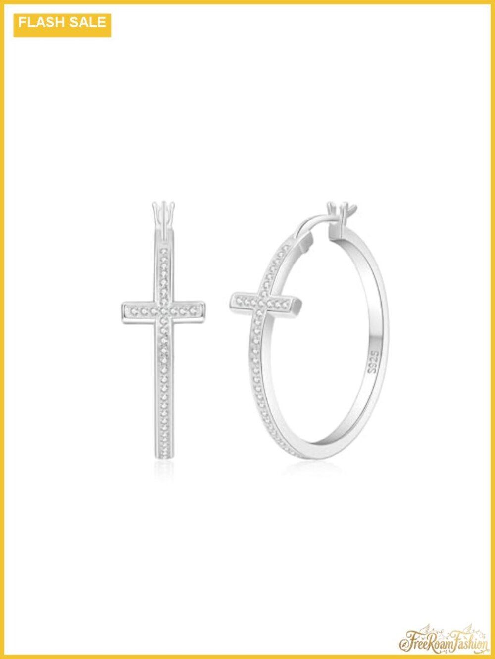 Sterling Silver Cross Hoop Earrings Women Rhinestone 20MM